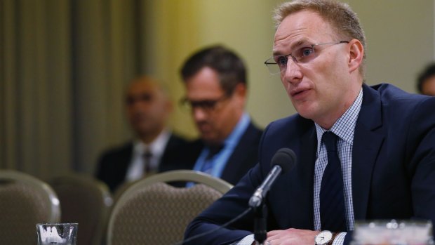 TPG Capital country head Joel Thickins as he appeared before the Senate select committee on the future of public interest journalism hearing in Melbourne last month. 