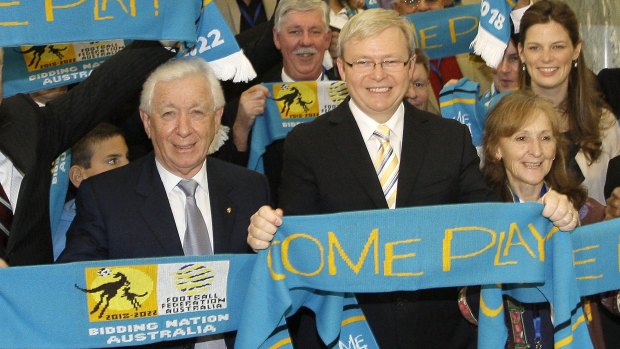 Football Federation Australia chairman Frank Lowy with then Prime Minister Kevin Rudd at the 2009 launch of Australia's bid to host the 2022 FIFA World Cup.