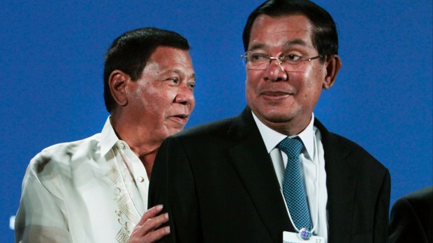Strongmen: Philippine President Rodrigo Duterte, left, and Cambodian PM Hun Sen, right, in Phnom Penh, earlier this month.