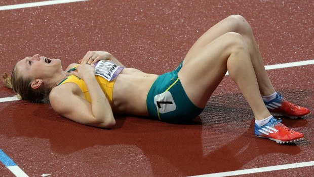 Flat out: Sally Pearson on the track in London after winning Olympic gold