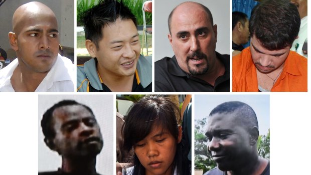 Five of the seven foreign death -ow prisoners pictured were executed this week. Top row from left, Australians Myuran Sukumaran and Andrew Chan, Frenchman Serge Atlaoui whose appeal is still in process, and Brazilian Rodrigo Gularte. Bottom row from left. Nigerian Raheem Agbaje Salami, Filipina Mary Jane Fiesta Veloso whose process is pending, and Nigerian Silvester Obiekwe Nwolise.  