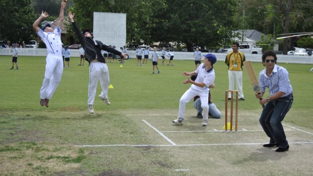 Catch it!: Charlie Drummer attempts to take a catch off Sachin Tendulkar at Bradman Oval in Bowral on Thursday.