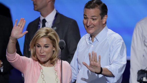 Senator Ted Cruz and his wife Heidi wave from the podium during a sound check before the third day of the Republican National Convention in Cleveland on  Wednesday.