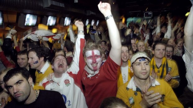 Unity short lived: Australian and English fans shoulder to shoulder watching the 2003 World Cup Final
