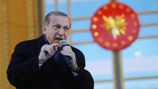 Turkish President Tayyip Erdogan giving a referendum victory speech at the Presidential Palace in Ankara, Turkey. 
