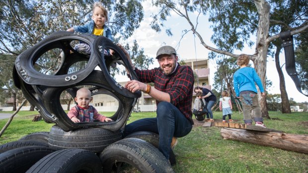 Marcus Veerman, CEO of Playground Ideas, in a Brunswick East playground based on his DIY designs.