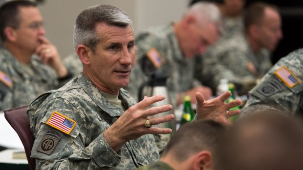 General John Nicholson, seen here speaking to his senior leaders at Fort Bragg, North Carolina, is the White House's nominee to serve as the next leader of US troops in Afghanistan. 
