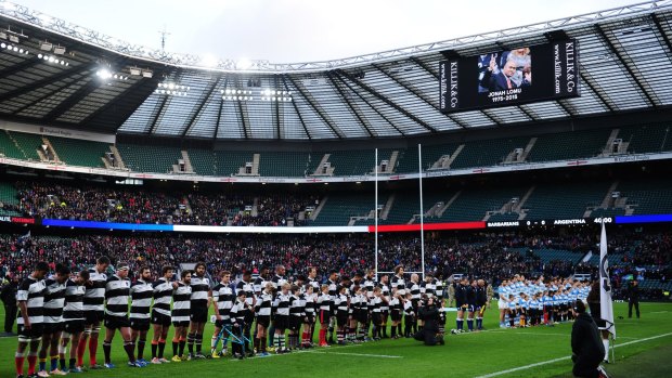 Tribute: Barbarians and Argentina observe a minute's silence in memory of the victims of the Paris terror attacks and for Jonah Lomu before their match at Twickenham.