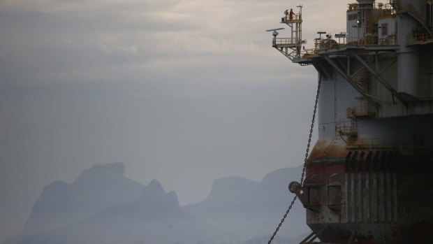 A Petrobras oil platform floating in the Atlantic Ocean near Guanabara Bay on in Rio de Janeiro.