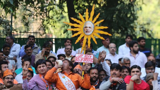 Narendra Modi (depicted here as the sun) promised to govern for all Indians. But the appointment of Yogi Adityanath has cast a shadow over those words.