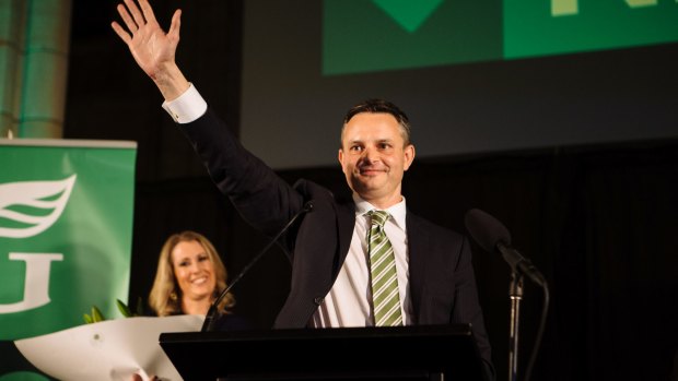 James Shaw celebrating with his fellow party members at the Greens electrate party. .
