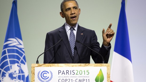 Obama speaking at the conference centre in Le Bourget, Paris.