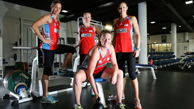 Veterans:  NSW Swifts Caitlin Thwaites (centre), Julie Corletto, Kimberlee Green and Susan Pettitt training at the NSW Institute of Sport.