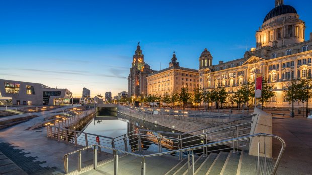 The Liver building next to the Port Authority and the Cunard Building on Pier Head, Liverpool.