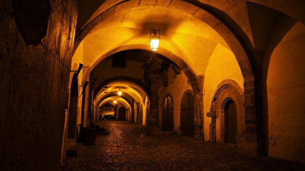 A medieval archway in the old town Rothenburg ob der Tauber in Germany.