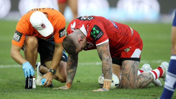 Josh Dugan took his time regaining his feet after a head knock against the Bulldogs on Monday.