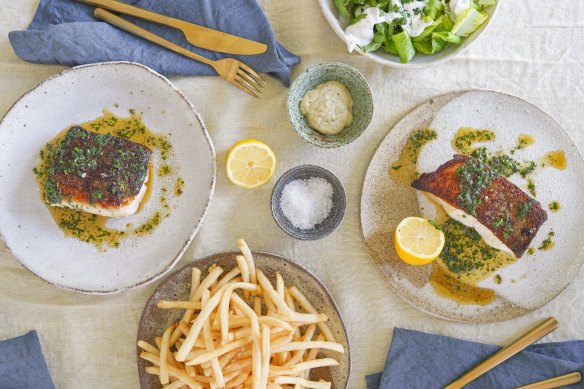 Murray cod with herb butter, served with a simple green salad and fries.