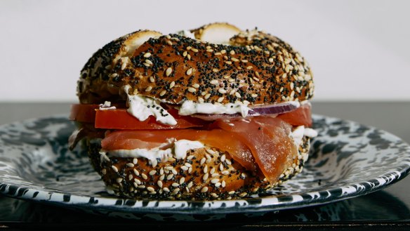 A smoked salmon bagel from Mile End, which makes its bagels using a Montreal-style recipe featuring egg in the dough and a wood-fired oven.