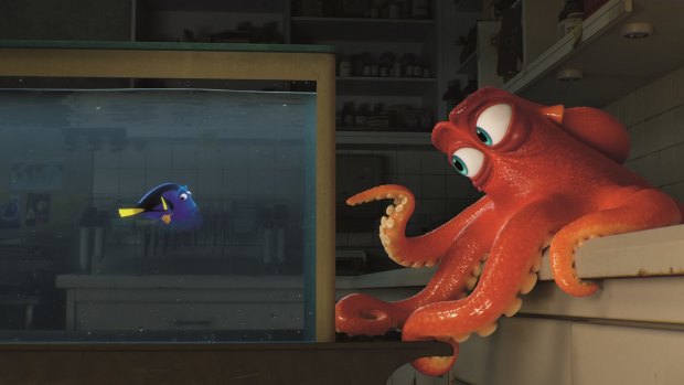 Dory encounters a cantankerous octopus named Hank (voiced by Ed O'Neill) in <i>Finding Dory</i>.