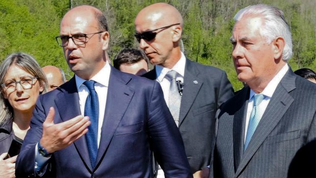 Rex Tillerson, right, with his Italian counterpart Angelino Alfano, second left, who said the aim of this week's meeting was "to reflect on what is the best strategy to give Syria peace and security".  