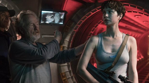 Ridley Scott with Katherine Waterston on the set of Alien: Covenant.
