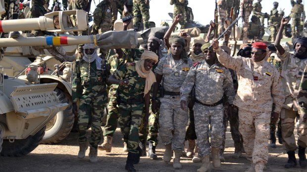 Chadian soldiers gather near the Nigerian town of Gamboru.