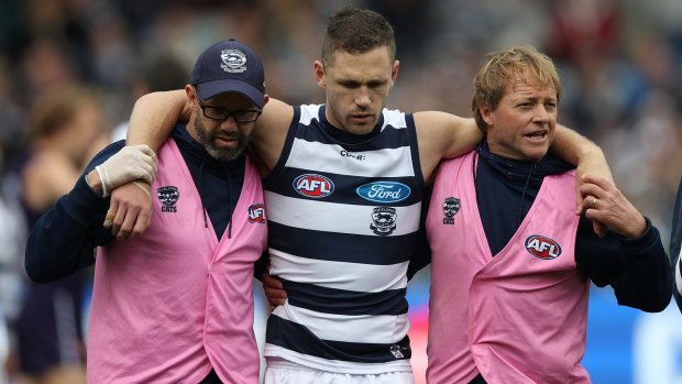 Dazed: Geelong captain Joel Selwood is helped from the field by trainers.