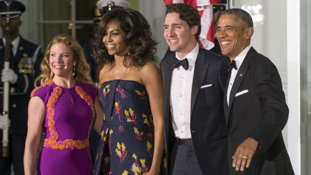 Barack and Michelle Obama welcome Canadian Prime Minister Justin Trudeau and Sophie Gregoire Trudeau to the White House.