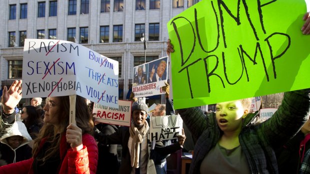 Demonstrators outside the Verizon Centre in Washington,  where the 2016 American Israel Public Affairs Committee policy conference was addressed by Hillary Clinton and Donald Trump as well as other presidential contenders.