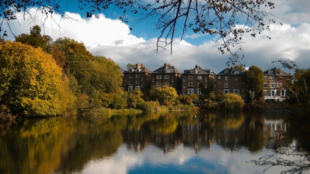 A stunning view of a pond in Hampstead Heath on a cloudy day.