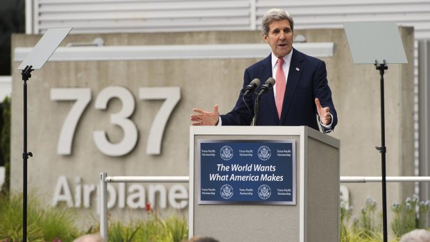 US Secretary of State John Kerry speaks about the Trans-Pacific Partnership during a trade speech at Boeing's 737 airplane factory in Renton, Washington state, in May. 