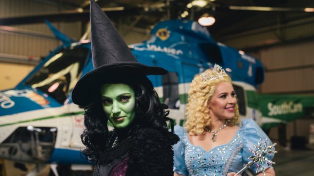 Loren Hunter, as Elphaba and Laura Murphy, as Glinda, at the media preview for Free Rain Theatre's production of <i>Wicked</i>.
