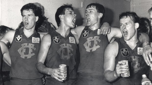 Fitzroy players celebrate after beating Sydney to reach the preliminary final in 1986.