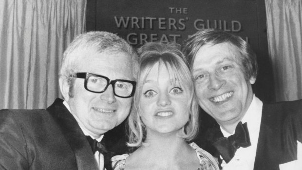 Jimmy Perry (right) and David Croft with American actress Goldie Hawn at the Writers' Guild of Great Britain awards ceremony, 1970