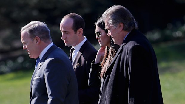 (From left) White House press secretary Sean Spicer, senior adviser Stephen Miller, adviser Hope Hicks and chief White House strategist Steve Bannon on Friday.