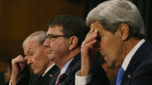 US Secretary of State John Kerry, right, flanked by Defence Secretary Ashton Carter and General John Dempsey, left, testify before Congress on Wednesday.