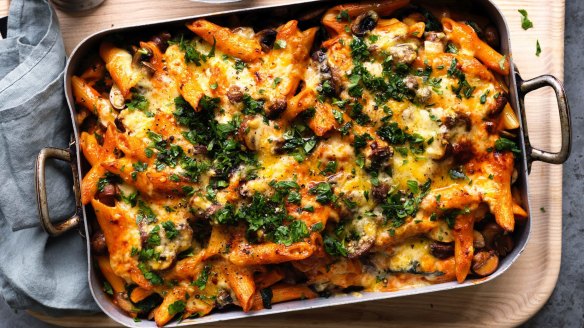 Chicken would work well in this vegetarian stroganoff pasta bake (