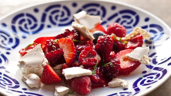 Deconstructed pavlova: Frank Camorra's star anise meringue, crushed berries and fromage frais <a href="http://www.goodfood.com.au/recipes/crushed-berries-fromage-frais-and-star-anise-meringue-20121203-2aqi3"><b>(Recipe here).</b></a>