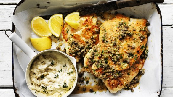 Neil Perry's pan-fried chicken cutlets with lemon and caper sauce and orzo 'risotto'.