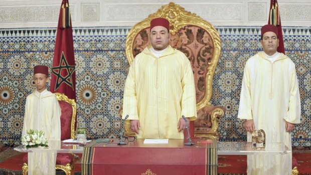Moroccan King Mohammed VI (centre) beside his son Crown Prince Moulay Hassan III (left) and his brother Moulay Rachid, in Rabat in 2012.