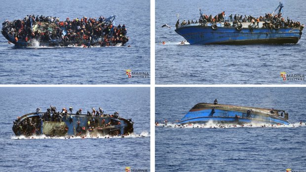 A migrant boat overturns off the Libyan coast last week.