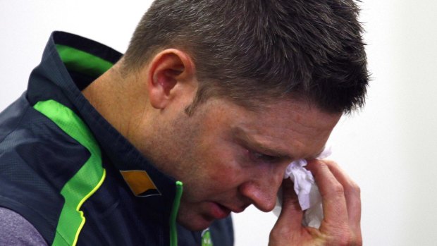 Emotional tribute: Michael Clarke battles to hold back tears as he remembers teammate Phillip Hughes.