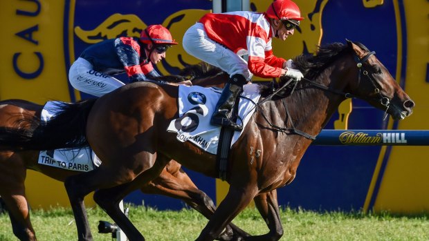 Cup hero: Opie Bosson takes out the Caulfield Cup on Mongolian Khan. 