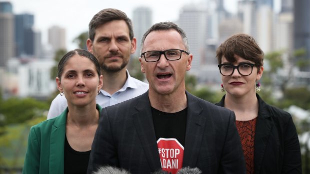 L-R: Greens candidate for McConnel, Kirsten Lovejoy, candidate for Maiwar, Michael Berkman, Greens Leader Richard Di Natale and candidate for South Brisbane, Amy MacMahon.
