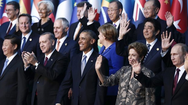 Malcolm Turnbull, Brack Obama and other world leaders, including then Brazilian President Dilma Rousseff, next to Vladimir Putin at the G-20 summit in Turkey last November.