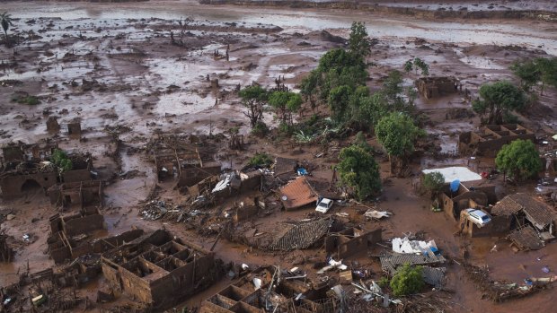 The town of Bento Rodrigues in Brazil flooded after an iron ore mine dam burst.