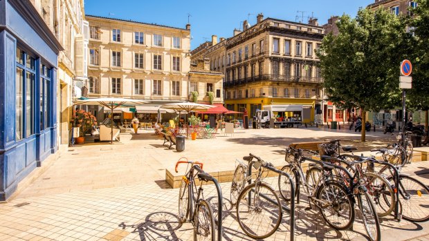 Bicycles in a square in Bordeaux, France.