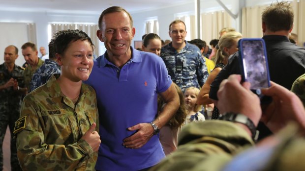 Prime Minister Tony Abbott speaks to troops at Larakeyah Barracks in Darwin on Saturday.