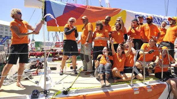 Wendy Tuck and her sailing team celebrate their arrival into Cape Town.