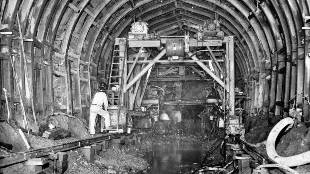 Drillers at work on the Snow Hydro Scheme's Eucumbene-Tumut tunnel in 1957.
